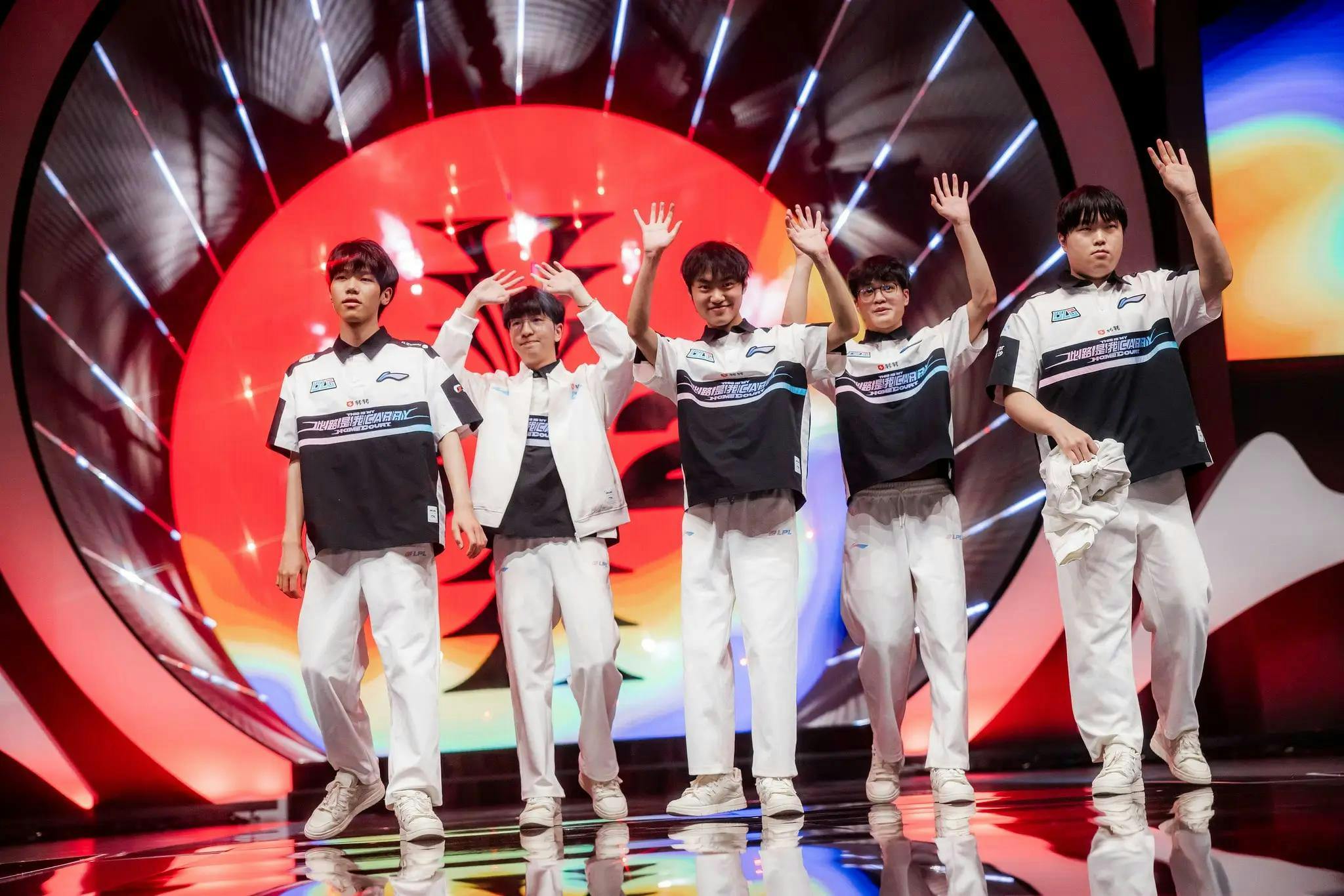 Bilibili Gaming, celebrating after their victory against T1. Credit: Colin Young-Wolff/Riot Games
