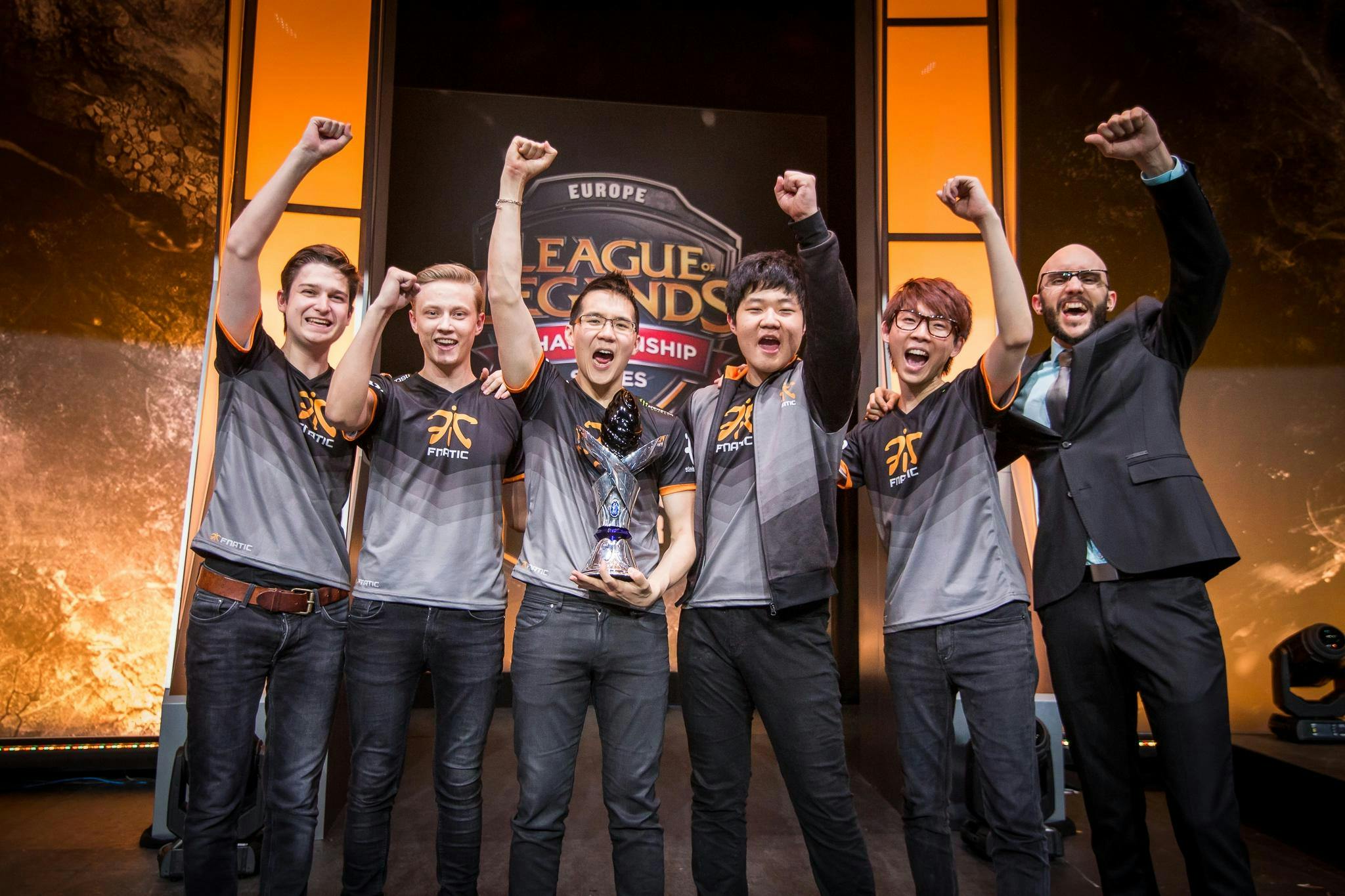 Fnatic's super roster lifting the trophy in 2015 summer split. Credit: Riot Games.