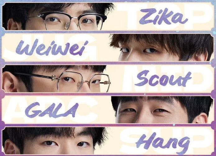 Zika, Weiwei, Scout, GALA, and Hang, the five starting players of LNG. Credit: LNG Esports