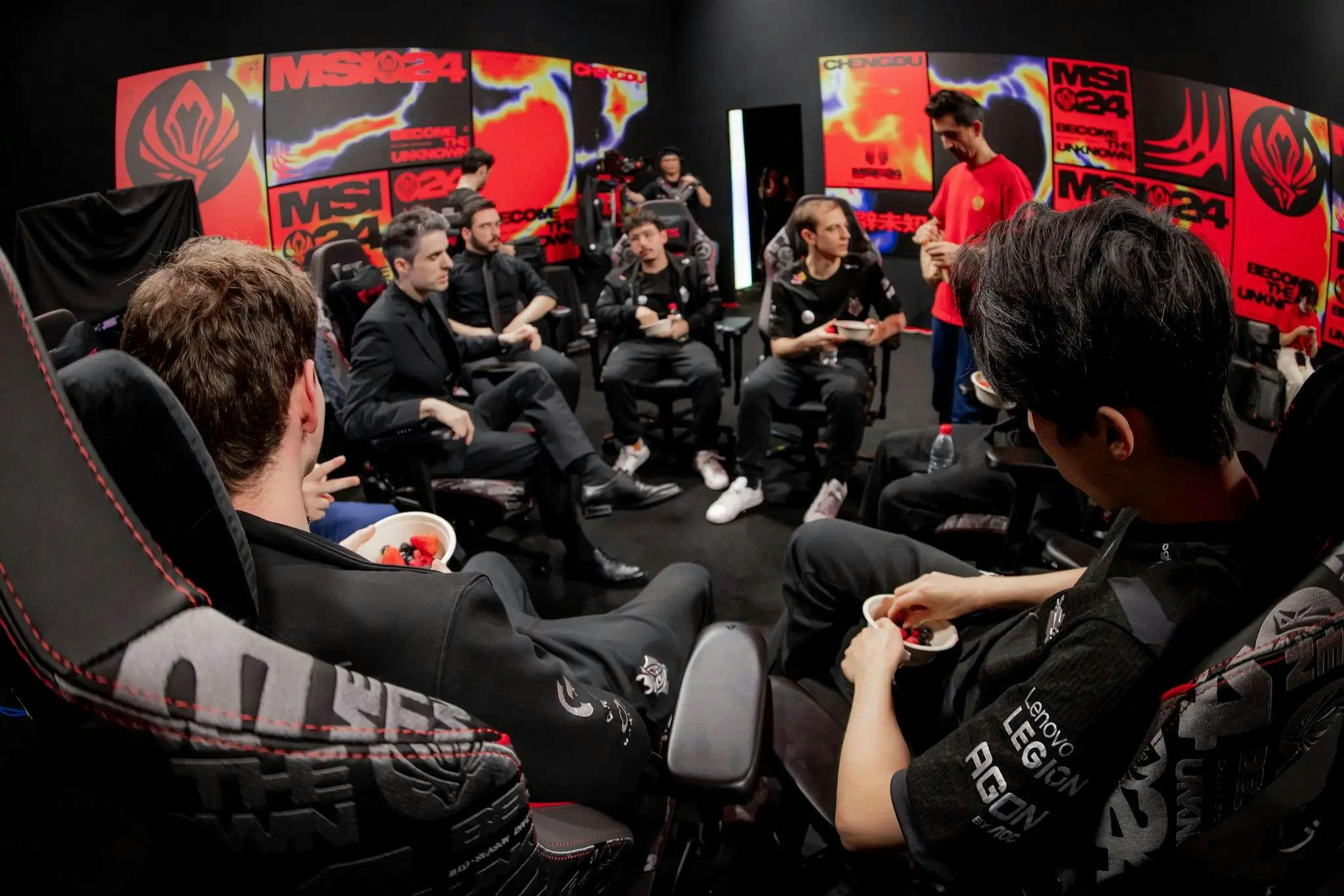 G2 in their War Room after Game 2. Credit: Colin Young-Wolff/Riot Games