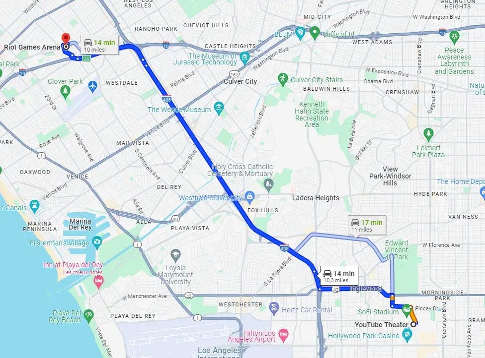 A visual representation of the distance between the Riot Games Arena and the YouTube Theater. Site: Google Maps