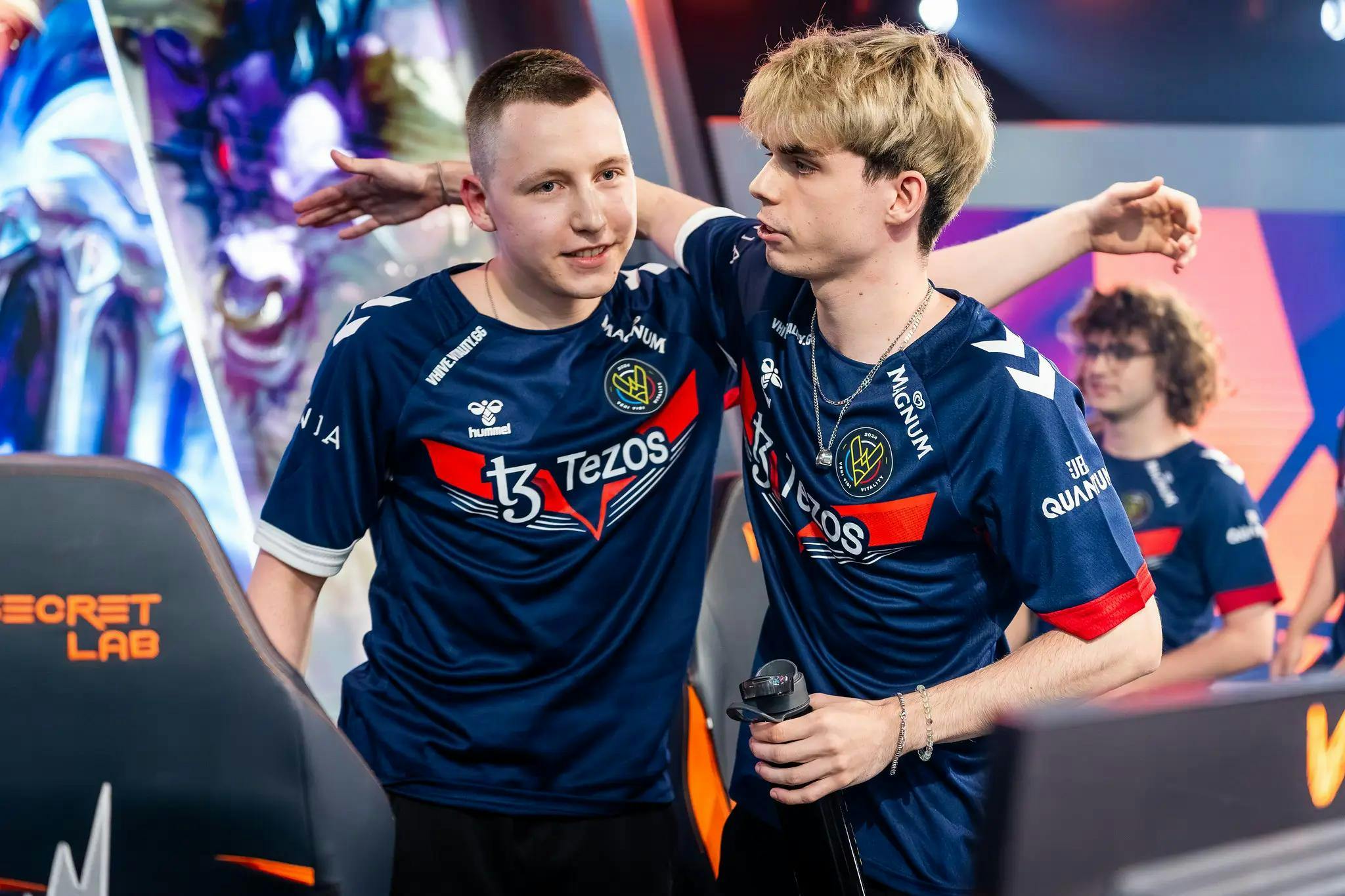 Lyncas and Vetheo after a victory in Week 2 of the LEC. Credit: Wojciech Wandzel/Riot Games